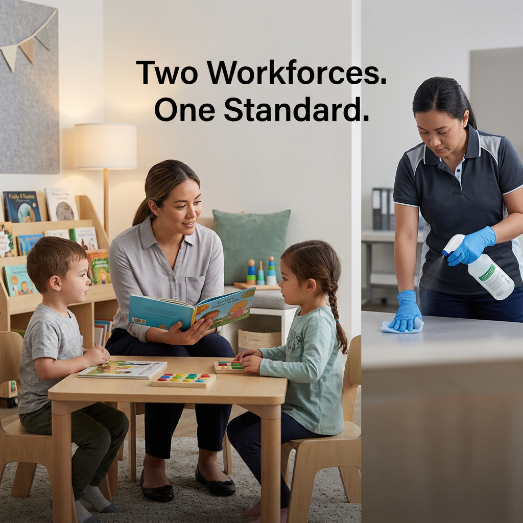 Two Workforces One Standard - An educator reading with children on the left, and a professional cleaner sanitizing on the right